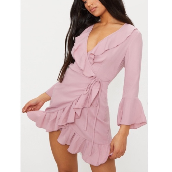 pretty little thing pink ruffle wrap dress size 2